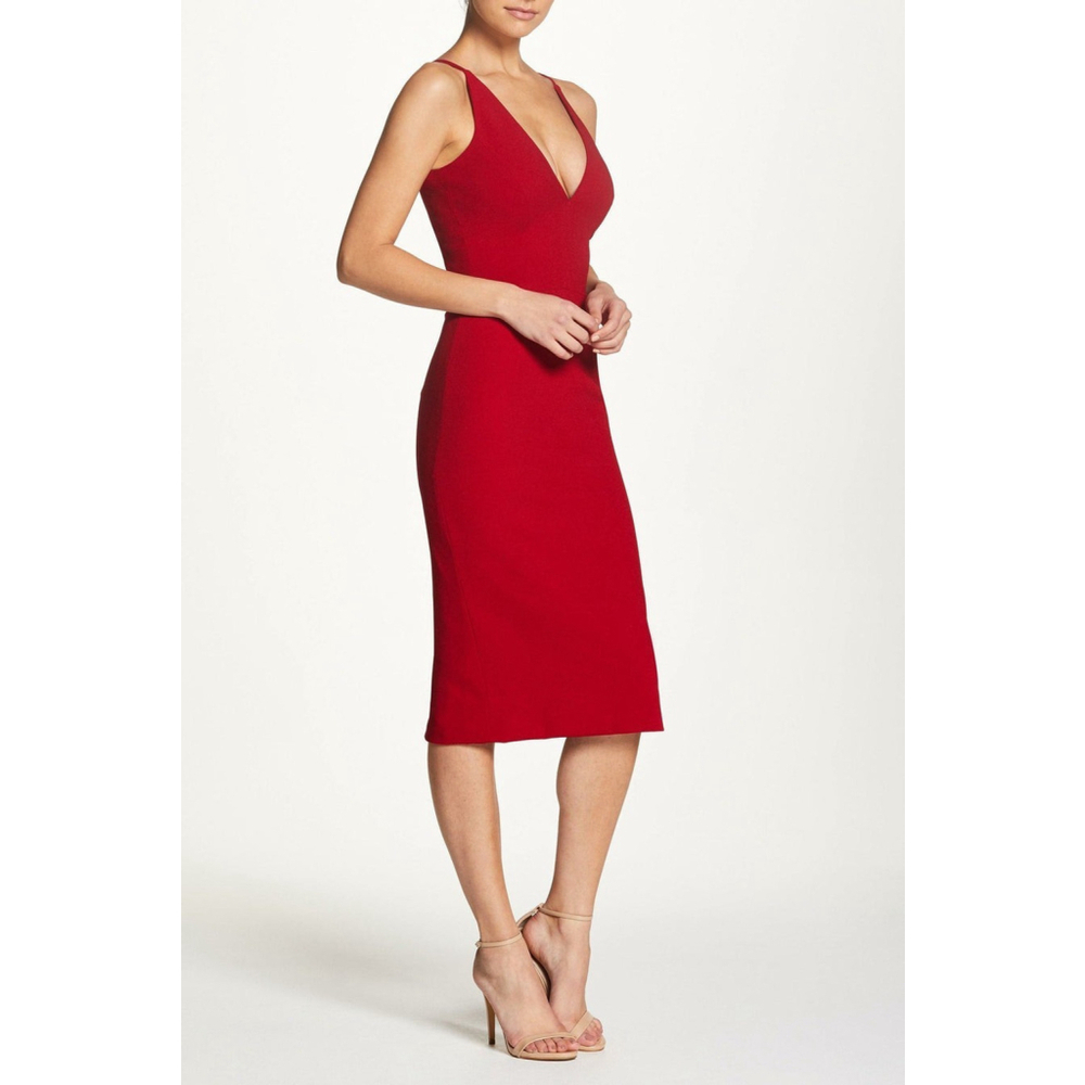 $168 DRESS The POPULATION RED V-Neck Plunge Lyla Stretch Crepe Midi Dress L